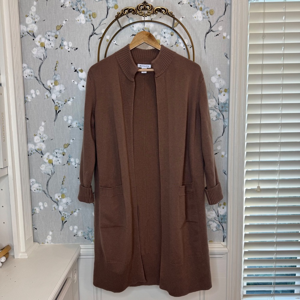 Athleta Spirit Wool Cashmere II Wrap Cardigan Brown Merino Long Sweater Large